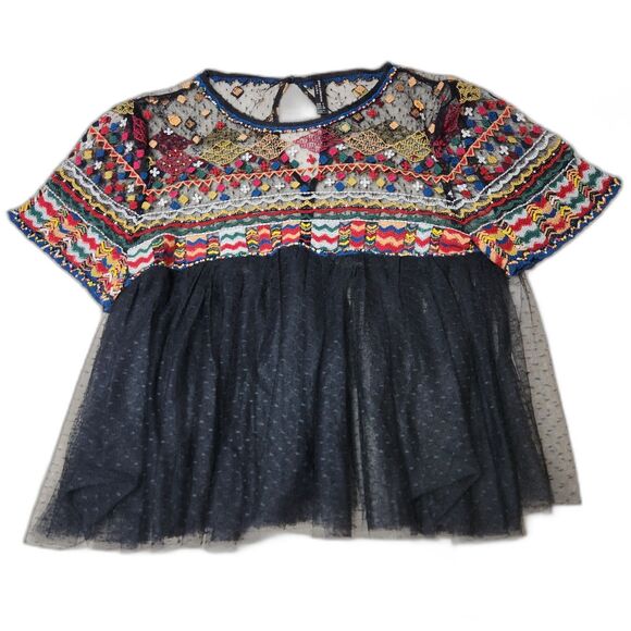 Zara Trafaluc Embroidered Tulle Sheer Beaded Boho Top Black Multicolor Size L - Picture 2 of 5